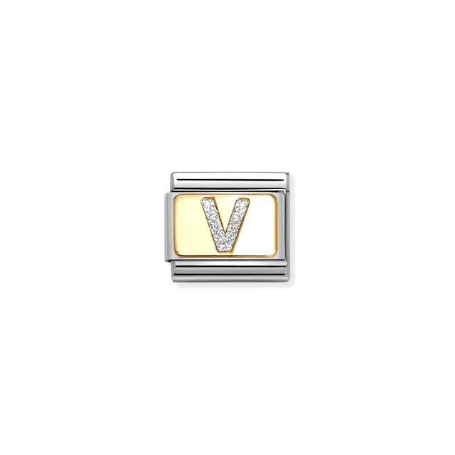 Nomination Classic Link Letter V on yellow-gold plate with silver glitter – charm for Nomination Bracelets.