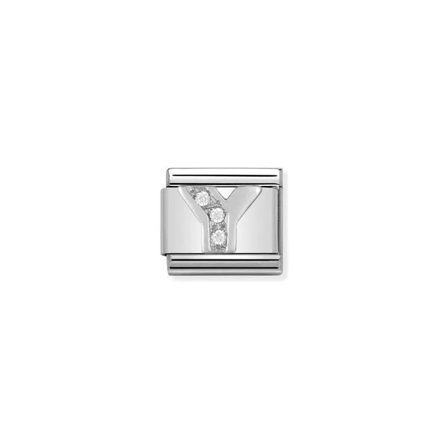 Close-up of Nomination Classic Link Letter Y in silver with white cubic zirconia