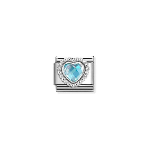 Close-up of Nomination Light Blue CZ Heart Classic Link with sterling silver beaded setting and faceted 5mm stone