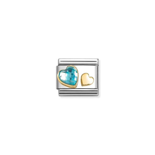Nomination Classic Link charm in stainless steel with yellow-gold detail, faceted light-blue cubic zirconia heart and mini gold heart.