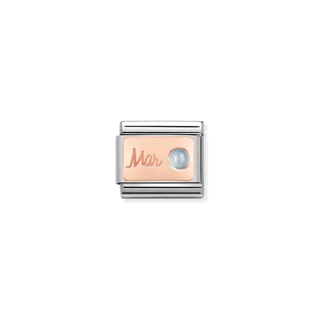 Nomination Classic Link March aquamarine birthstone charm on rose-gold plate engraved Mar, stainless steel, for Composable Nomination bracelets