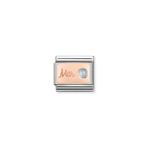 Nomination Classic Link March aquamarine birthstone charm on rose-gold plate engraved Mar, stainless steel, for Composable Nomination bracelets