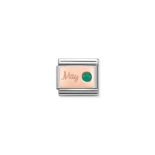 Nomination Classic Link May emerald birthstone charm on rose-gold plate engraved May, stainless steel, for Composable Nomination bracelets
