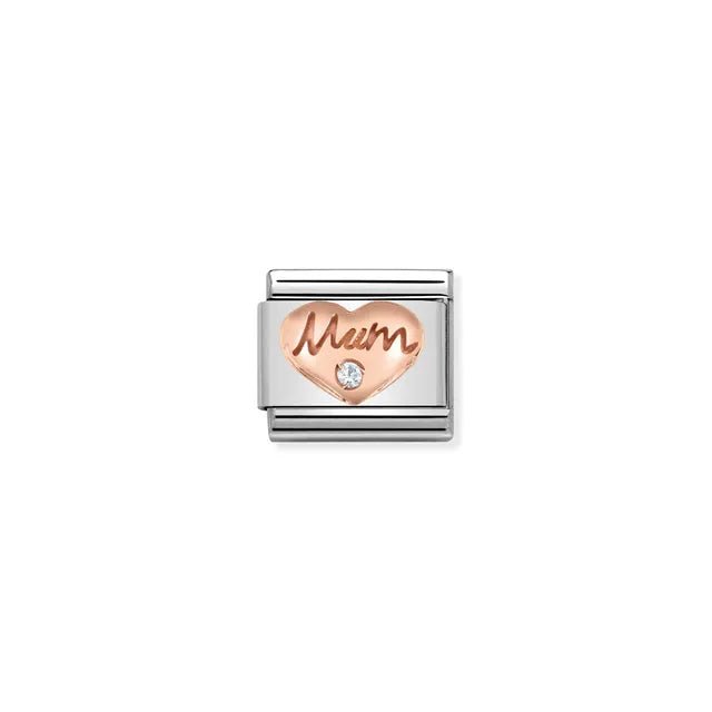 Nomination Classic Link with rose-gold ‘Mum’ heart and white cubic zirconia on stainless steel