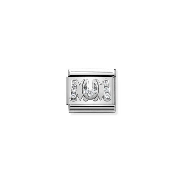 Nomination Classic Link with sterling-silver MUM letters set with white cubic zirconia on stainless steel.