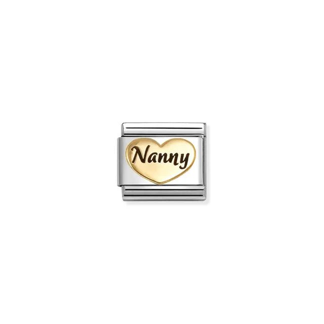 Nomination Classic Link with yellow-gold heart and Nanny in black enamel on stainless steel.