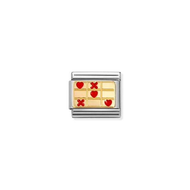 Nomination Classic Link with bonded yellow gold plate and red enamel hearts noughts and crosses, Classic size