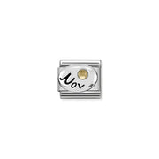 Nomination Classic Link with Nov script and golden citrine birthstone on stainless steel.