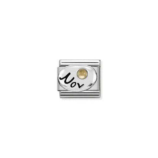 Nomination Classic Link with Nov script and golden citrine birthstone on stainless steel.