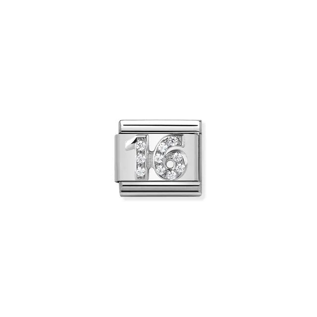 Nomination Classic Link number 16 in sterling silver with white cubic zirconia, Composable bracelet charm