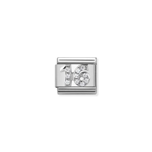Nomination Classic Link number 16 in sterling silver with white cubic zirconia, Composable bracelet charm