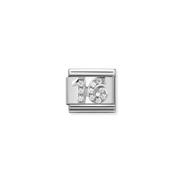 Nomination Classic Link number 16 in sterling silver with white cubic zirconia, Composable bracelet charm