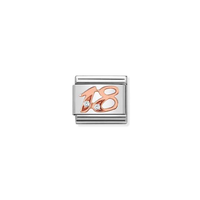 Nomination Classic Link charm showing rose-gold number 18 with two white cubic zirconia on stainless steel.