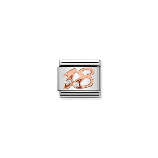 Nomination Classic Link charm showing rose-gold number 18 with two white cubic zirconia on stainless steel.