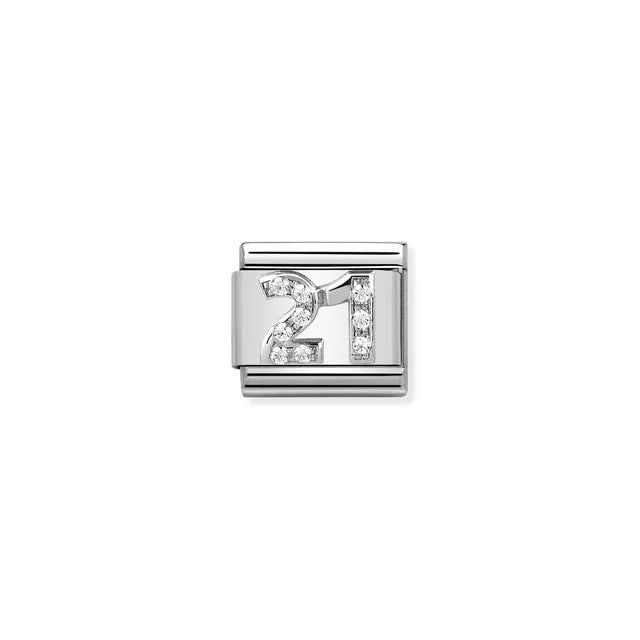 Nomination Classic Link number 21 in sterling silver with white cubic zirconia, Composable bracelet charm