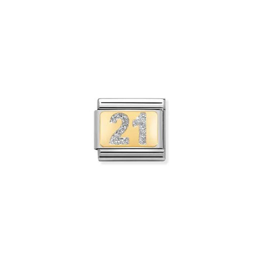 Nomination Bracelet with Number 21 yellow-gold glitter Link on wrist.