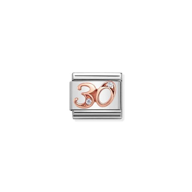 Nomination Classic Link charm showing rose-gold number 30 with white cubic zirconia on stainless steel.