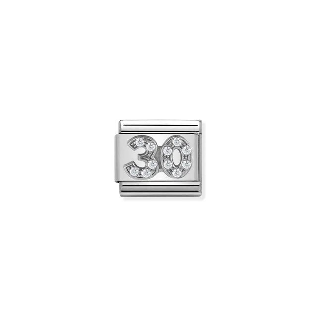 Nomination Classic Link number 30 in sterling silver with white cubic zirconia, Composable bracelet charm