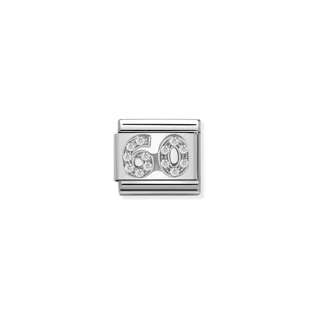 Nomination Classic Link number 60 in sterling silver with white cubic zirconia, Composable bracelet charm
