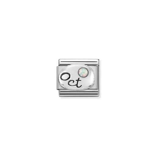 Nomination Classic Link with Oct script and white opal birthstone on stainless steel.