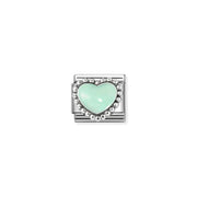 Close-up of Nomination Classic Link with pastel green enamel heart and beaded silver halo