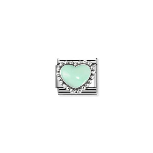 Close-up of Nomination Classic Link with pastel green enamel heart and beaded silver halo