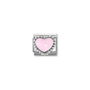 Close-up of Nomination Classic Link with pastel pink enamel heart and beaded silver halo