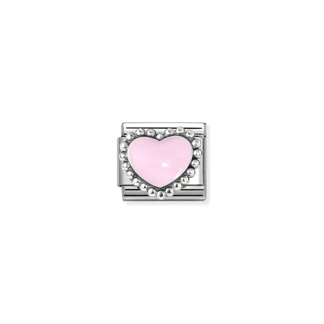 Close-up of Nomination Classic Link with pastel pink enamel heart and beaded silver halo