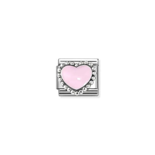 Close-up of Nomination Classic Link with pastel pink enamel heart and beaded silver halo