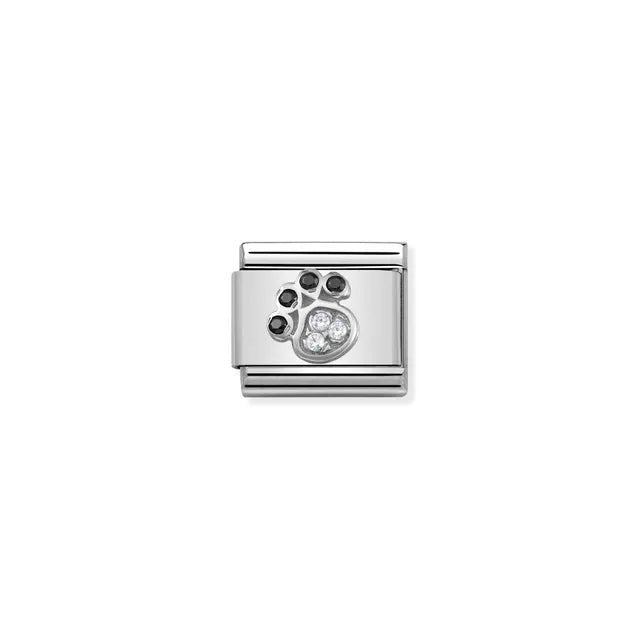 Nomination Composable Classic Link with sterling-silver paw print set with black and white cubic zirconia on stainless steel