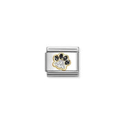 Nomination Classic Link paw print with black and silver glitter enamel edged in yellow gold, Composable bracelet charm