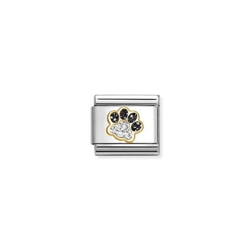 Nomination Classic Link paw print with black and silver glitter enamel edged in yellow gold, Composable bracelet charm