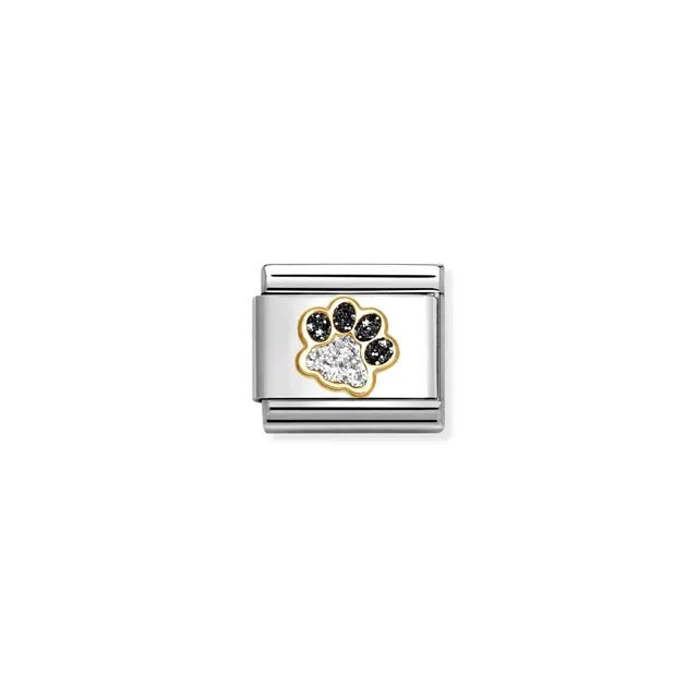 Nomination Classic Link paw print with black and silver glitter enamel edged in yellow gold, Composable bracelet charm