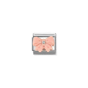 Close-up of Nomination Pink Bow Classic Link in stainless steel with sterling silver and pink synthetic stone