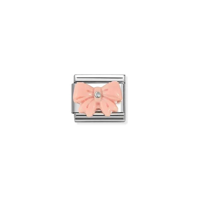 Close-up of Nomination Pink Bow Classic Link in stainless steel with sterling silver and pink synthetic stone