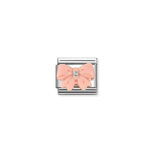Close-up of Nomination Pink Bow Classic Link in stainless steel with sterling silver and pink synthetic stone