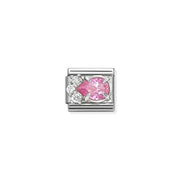 Nomination Classic Link pink teardrop cubic zirconia with white CZ cluster in sterling-silver setting on stainless steel, compatible with Composable Nomination bracelets