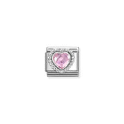 Close-up of Nomination Pink CZ Heart Classic Link with sterling silver beaded setting and faceted 5x5mm stone