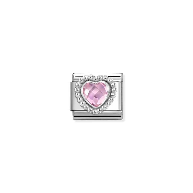 Close-up of Nomination Pink CZ Heart Classic Link with sterling silver beaded setting and faceted 5x5mm stone