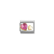 Nomination Classic Link charm with faceted dark pink cubic zirconia heart and mini yellow-gold heart on stainless steel.
