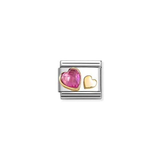 Nomination Classic Link charm with faceted dark pink cubic zirconia heart and mini yellow-gold heart on stainless steel.