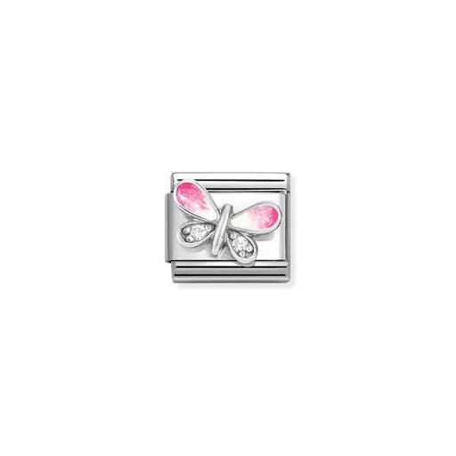Nomination Classic Link with raised pink enamel butterfly and white CZ on stainless steel.