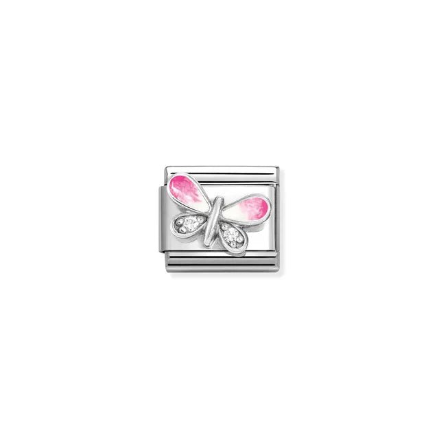 Nomination Classic Link with raised pink enamel butterfly and white CZ on stainless steel.