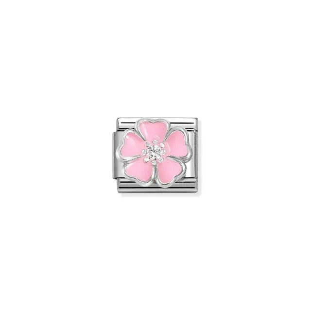 Nomination Classic Link with raised pink enamel flower and white CZ centre on stainless steel.