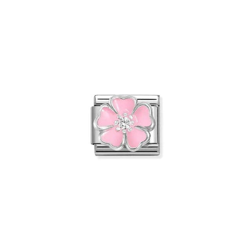 Nomination Classic Link with raised pink enamel flower and white CZ centre on stainless steel.