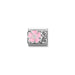 Nomination Classic Link with pink enamel flower and oxidised silver flower, CZ centre, on stainless steel.