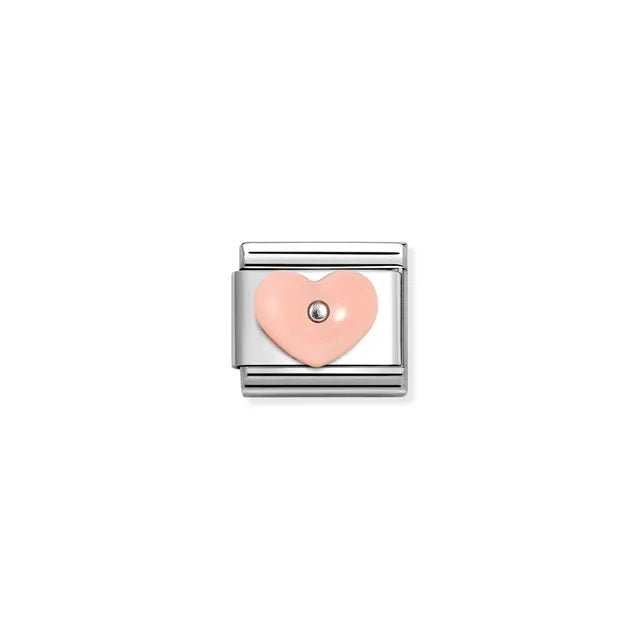 Close-up of Nomination Pink Heart Classic Link in stainless steel with sterling silver and pink synthetic stone