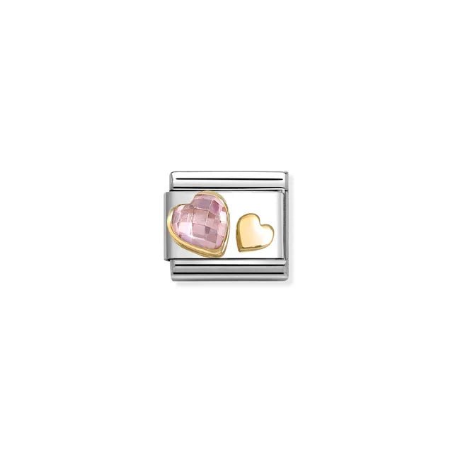 Nomination Classic Link with pink CZ heart and small yellow-gold heart on stainless steel for Composable Classic bracelets.