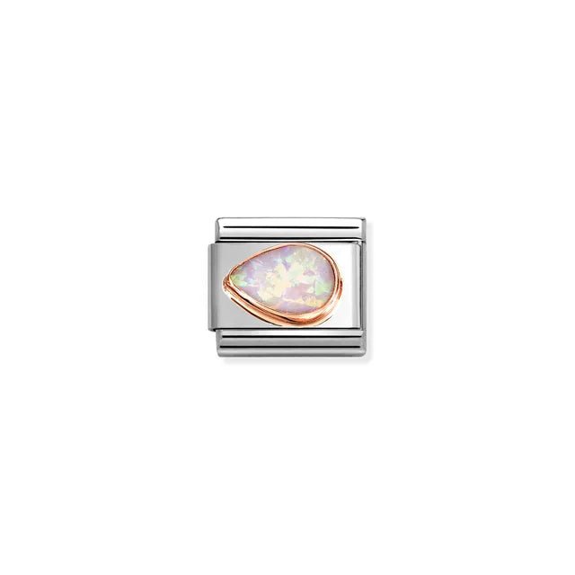 Nomination Classic Link with pink synthetic opal teardrop, left-facing, in bonded rose-gold bezel on stainless steel