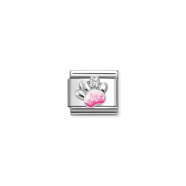 Nomination Composable Classic Link with raised pink paw print and white CZ on stainless steel.